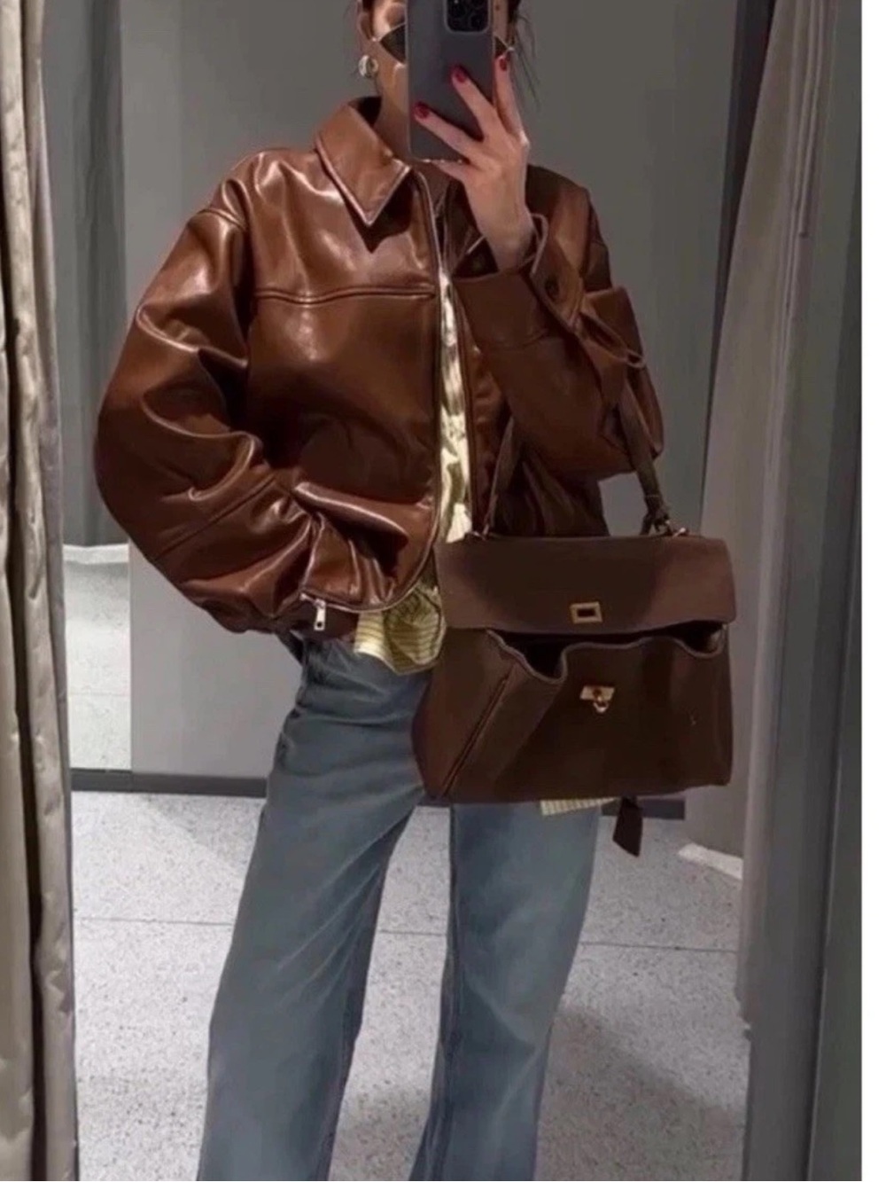 ZARA Brown Vegan Faux Leather Bomber Jacket Womens Large Collared Zip NWOT